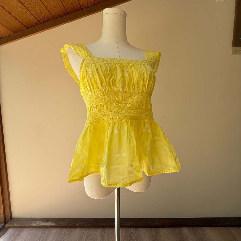Free People Yellow Embroidered Lace Peplum Tank Top Size M